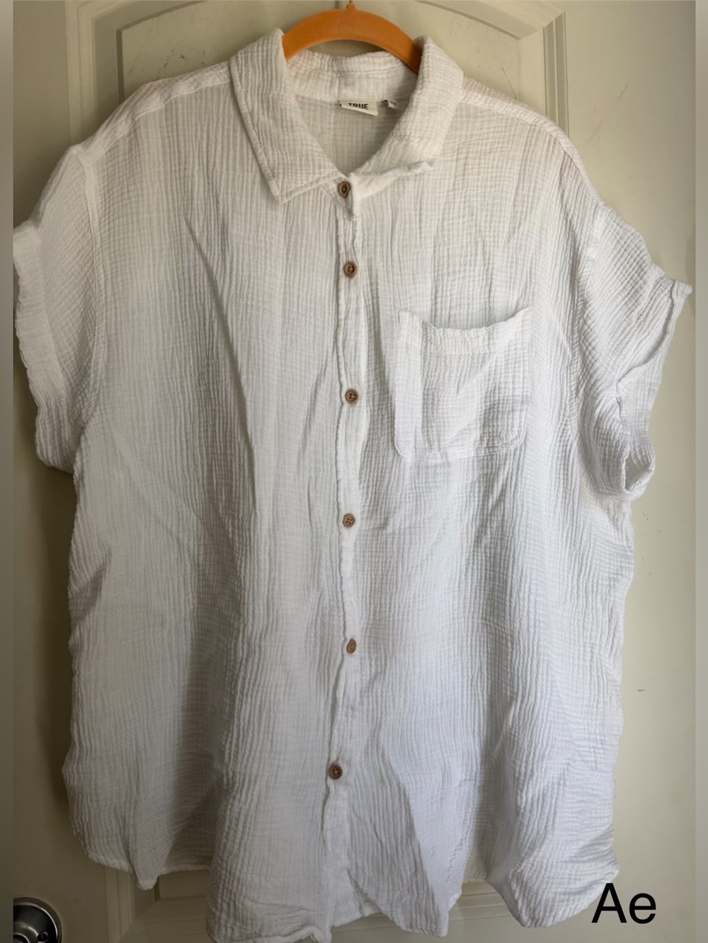 True Craft White Gauze Short-Sleeve Button-Down Shirt 1X cotton summer beachy